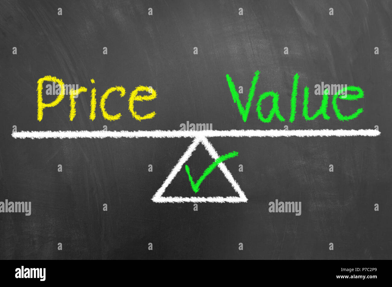 Price value balance drawing and text on chalkboard or blackboard as