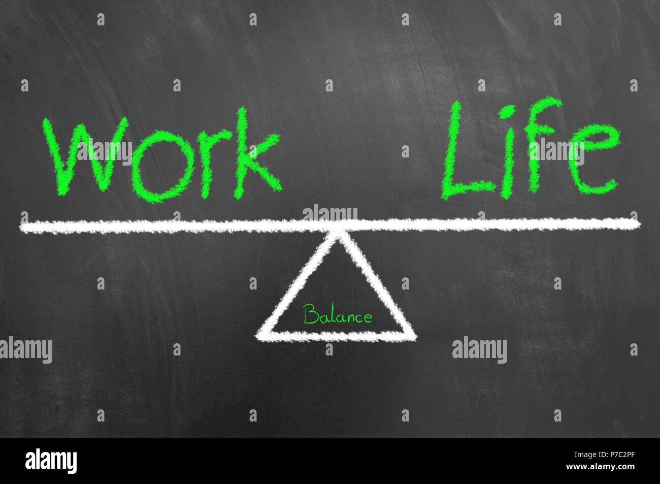 Work life balance green text and drawing on blackboard or chalkboard as healthy harmony lifestyle choice concept Stock Photo