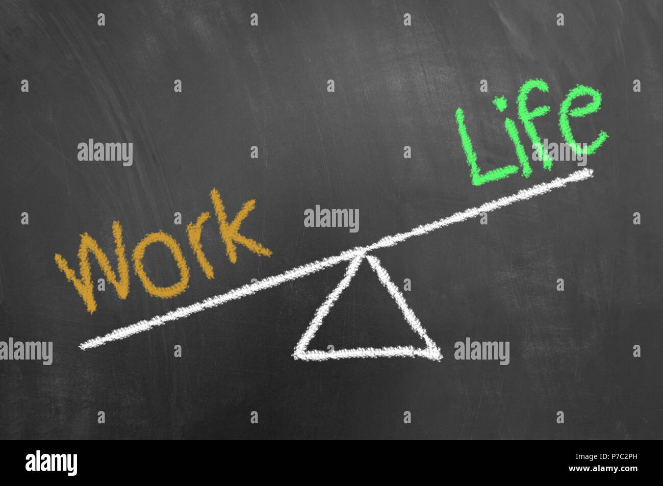 Work life imbalance chalk drawing on blackboard or chalkboard as stress job unhealthy inequality lifestyle concept Stock Photo