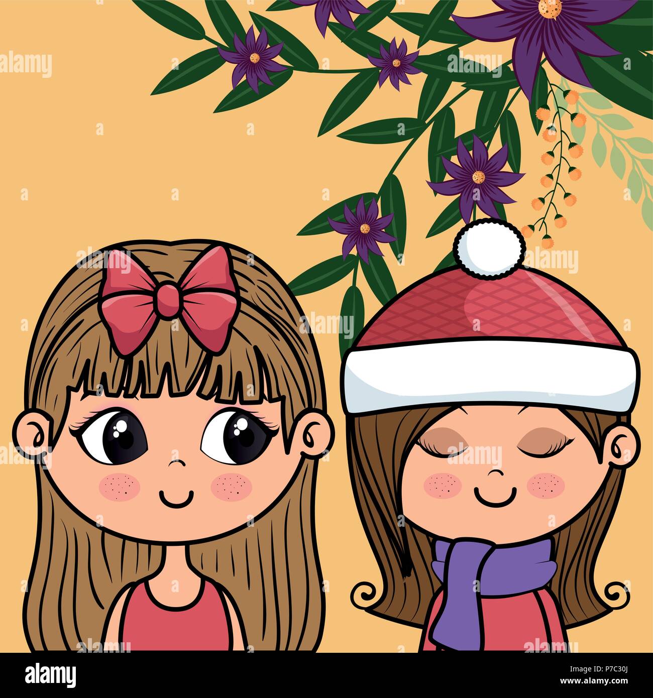 cute girls couple characters with floral decoration frame vector ...