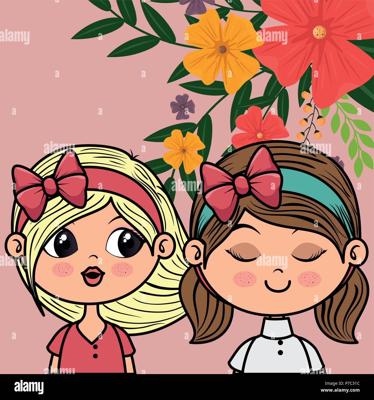 cute girls couple characters with floral decoration frame vector ...