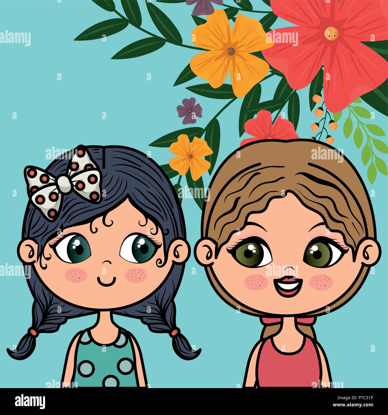 cute girls couple characters with floral decoration frame vector ...