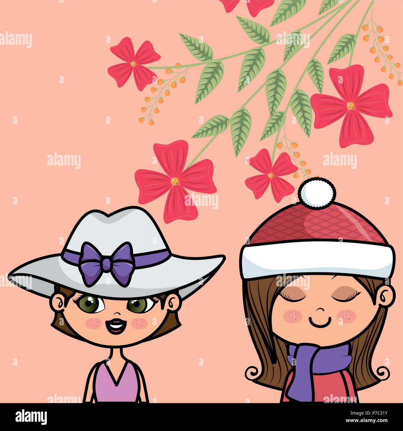cute girls couple characters with floral decoration frame vector ...