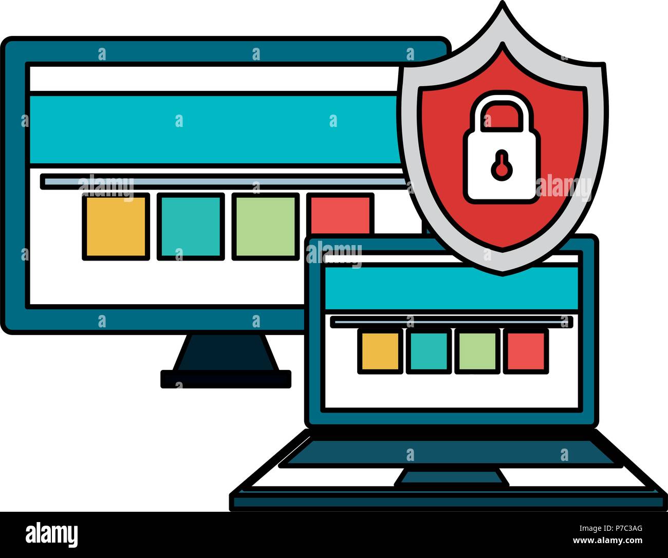 computer display with laptop and shield vector illustration design ...