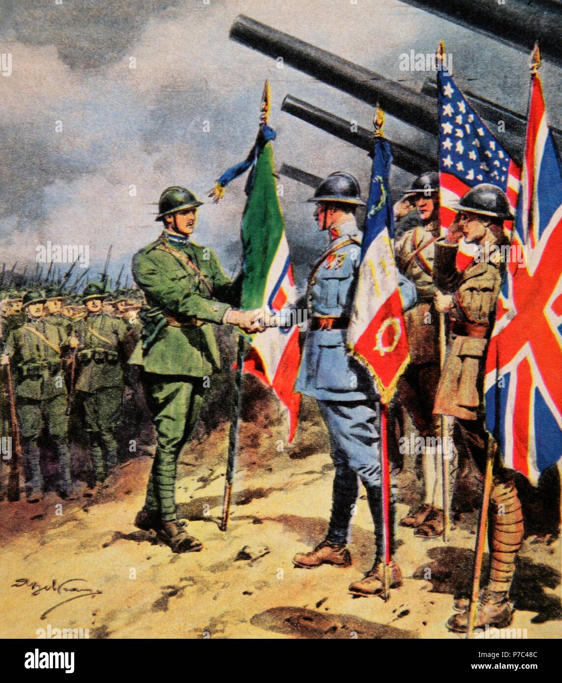 Vittorio Emanuele Orlando (1860-1952). Italian Prime Minister. Meeting between the Allied and the Italian troops, 1918. Engraving of La Domenica del Corriere, Italy. Stock Photo