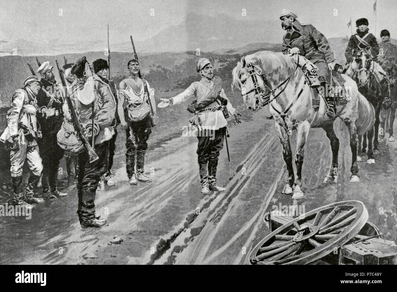 Russo-Japanese War (1904-1905). A General of the Russian division met an official of one of their regiments, accompanied by a few soldiers due to the casualties on the battle of Shaho river. Engraving in 'La Ilustracion Artistica'. Stock Photo