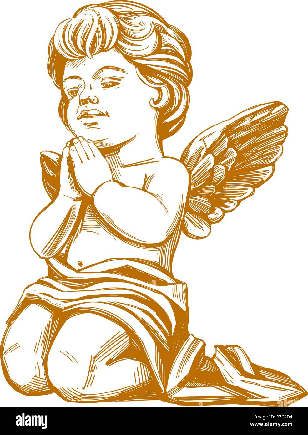 angel prays on his knees hand drawn vector illustration realistic sketch Stock Vector