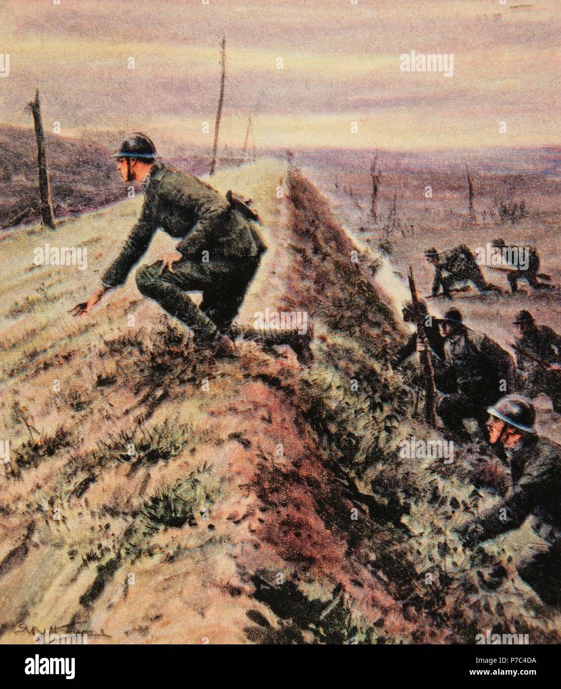Italian front. Combat between the Austrian-Hungarian and Italy army. Trenching war in Trieste, May 1917. The Domenica del Corriere, Italy. Color. Stock Photo