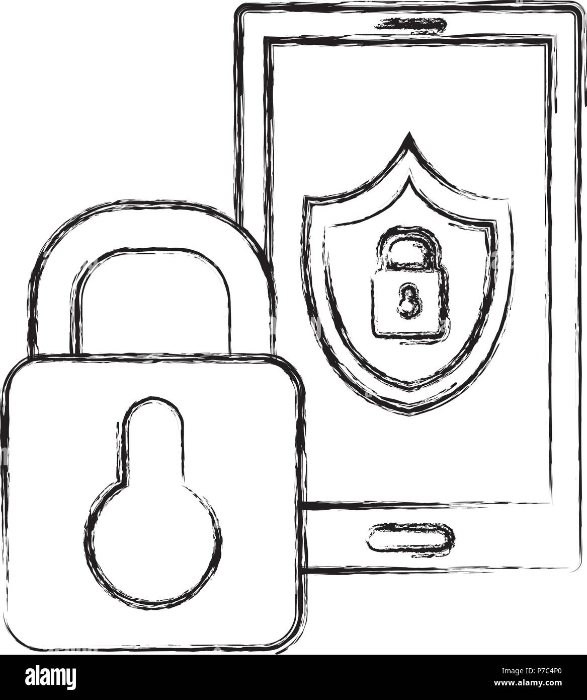 smartphone with shield and padlock vector illustration design Stock ...