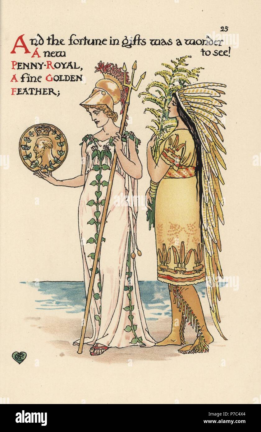 Flower fairies of penny royal, Mentha pulegium, in helmet with trident and King Edward VII medal, and golden feather palm, Dypsis lutescens, as a Native American squaw with feather headdress. Chromolithograph after an illustration by Walter Crane from A Flower Wedding, Cassell, London, 1905. Stock Photo