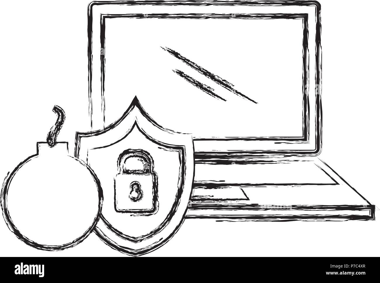 laptop computer with shield and bomb vector illustration design Stock ...