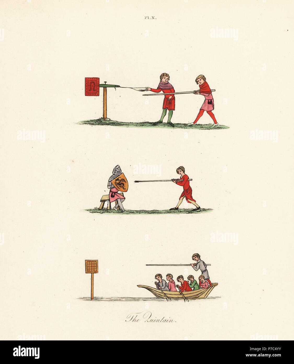 Boy with lance tilting at a moveable quintain operated by another boy (top), boy with lance tilting at a living quintain (trying to knock a man in armour with a shield off a stool), and boy being rowed to tilt against a quintain on water (bottom), 14th century. Handcoloured lithograph by Joseph Strutt from his own Sports and Pastimes of the People of England, Chatto and Windus, London, 1876. Stock Photo