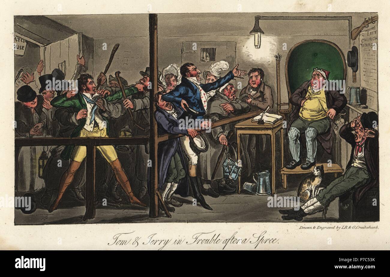 English dandies in the Watch-house after assaulting a watchman. Tom and Jerry in Trouble after a Spree. Handcoloured copperplate engraving by Isaac Robert Cruikshank and George Cruikshank from Pierce Egan's Life in London, Sherwood, Jones, London, 1823. Stock Photo