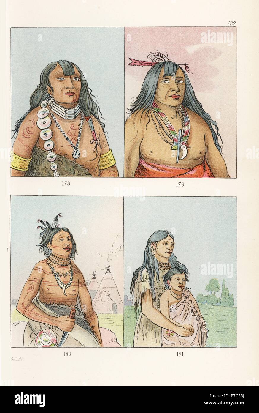 Kiowa chief Teh-toot-sah 178, Bon-son-gee, New Fire 179, Quay-ham-kay, Stone Shell 180, and young girl Wun-pan-to-mee, White Weasel, and her brother Tunk-aht-oh-ye, Thunderer 181. Handcoloured lithograph from George Catlin's Manners, Customs and Condition of the North American Indians, London, 1841. Stock Photo