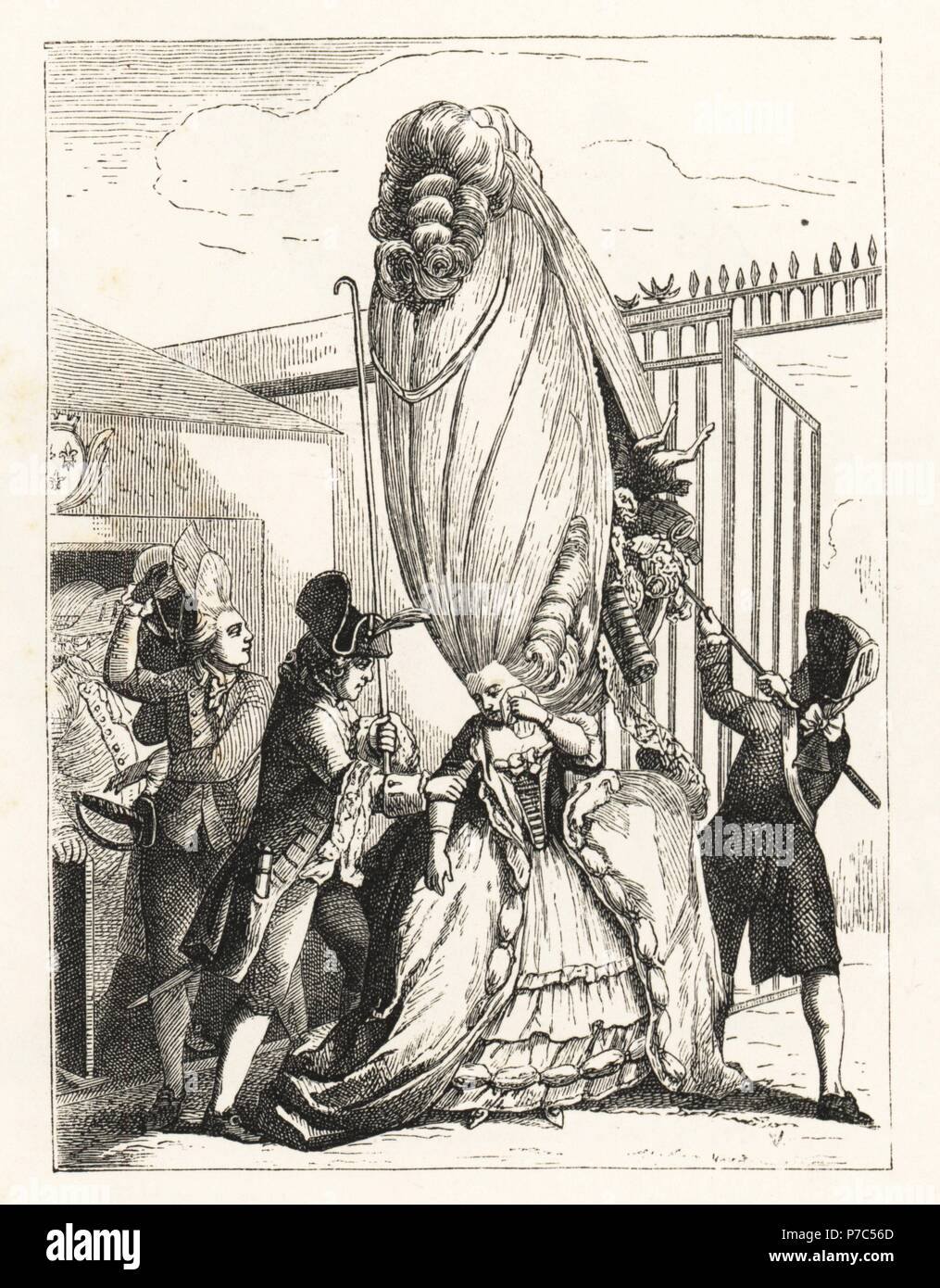 Woman smuggling contraband into France in her massive wig. 18th century caricature. Lithograph from Paul Lacroix' The Eighteenth Century: Its Institutions, Customs, and Costumes, London, 1876. Stock Photo