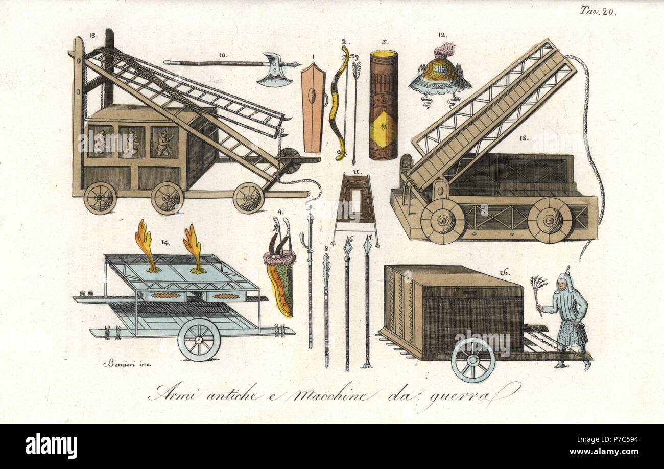 Ancient Chinese weapons including shield 1, bow and arrow 2, axe 10, helmet 12, lance 8,9, quiver 4, and war engines, including mobile siege ladder 13, mobile moat bridge 15, fire starter engine 14, explosive gunpowder wagon 16, and wall-gouging spears 6,7. Handcoloured copperplate engraving by Andrea Bernieri from Giulio Ferrario's Ancient and Modern Costumes of all the Peoples of the World, Florence, Italy, 1843. Stock Photo