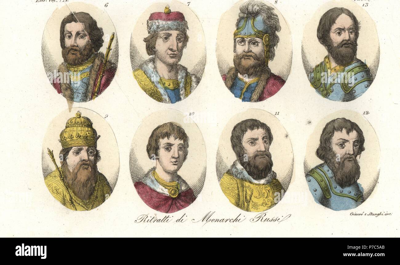 Portraits of medieval Russian rulers: Yaroslav the Wise 6, Sviatoslav I 7, Sviatopolk I 8, Vladimir II Monomakh 9, Yuri I 10, Ivan II the Fair 11, Dmitri Donskoi 12 and Ivan III Vasilyevich 13. Handcoloured copperplate engraving by Giarre and Stanghi from Giulio Ferrario's Costumes Ancient and Modern of the Peoples of the World, Florence, 1847. Stock Photo