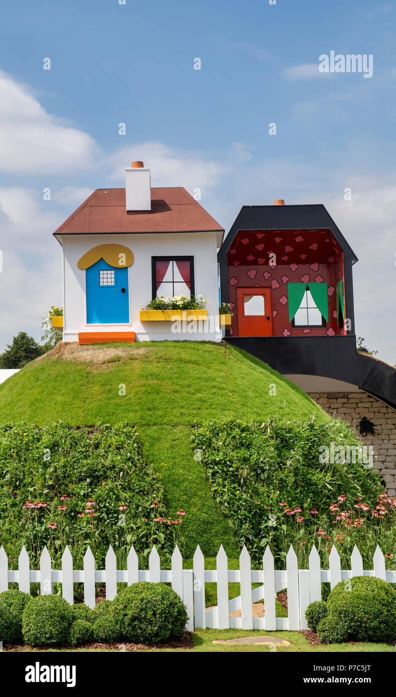 The Children with Cancer UK. Mr Happy Mr Worry Hill garden at RHS Hampton court flower show 2018. London Stock Photo