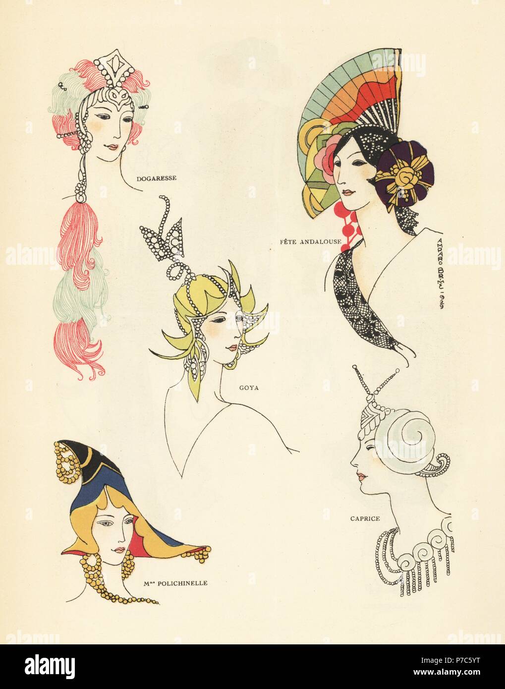 Women in fancy dress hats including a Duchess of Venice, an Andalusian festival, Goya, Mlle. Polichinelle, and a caprice. Illustration by Amparo Brime. Handcolored pochoir (stencil) lithograph from the French luxury fashion magazine Art, Gout, Beaute, 1929. Stock Photo