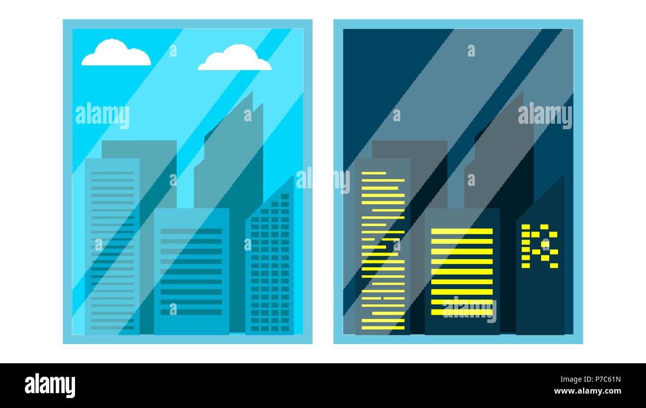 Day, Night Window View Vector. Scene. Skyscraper, Sky. Night Office ...