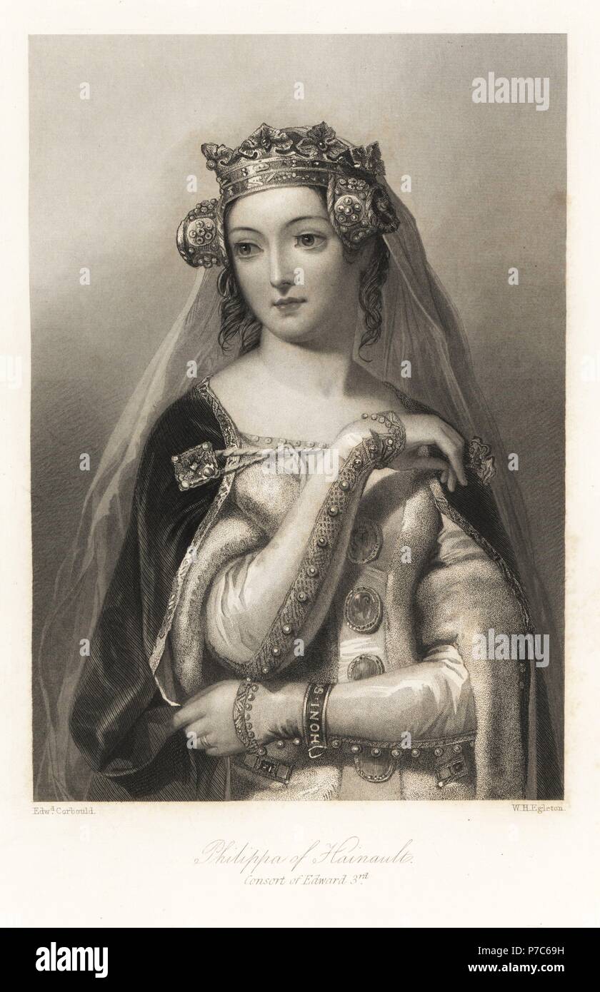 Philippa of Hainault, consort of King Edward III of England. Steel engraving by W.H. Egleton after a portrait by Edward Corbould from Mary Howitt's Biographical Sketches of The Queens of England, Virtue, London, 1868. Stock Photo