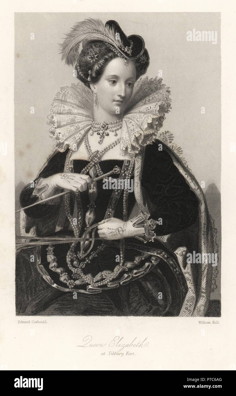 Queen Elizabeth I of England, giving the speech at Tilbury Fort. Steel engraving by William Holl after a portrait by Edward Corbould from Mary Howitt's Biographical Sketches of The Queens of England, Virtue, London, 1868. Stock Photo