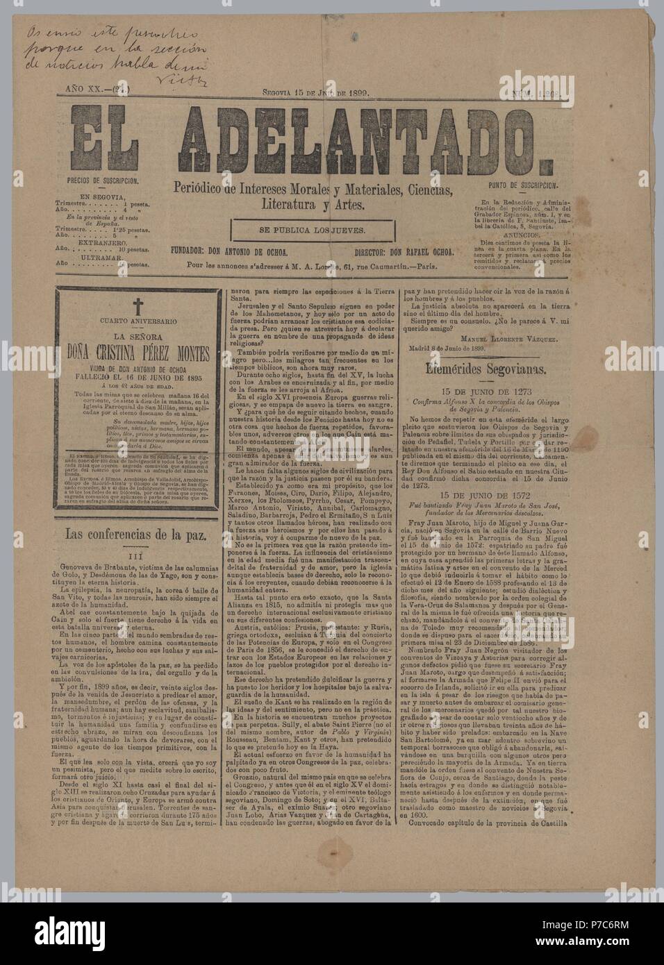 Portada del periódico El Adelantado. Segovia, 1899. Stock Photo