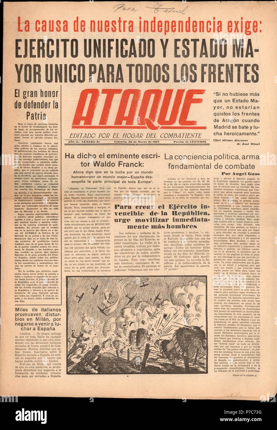Guerra civil española (1936-1939). Portada de la revista Ataque, editado  por el hogar del combatiente. Valencia, marzo de 1937 Stock Photo - Alamy