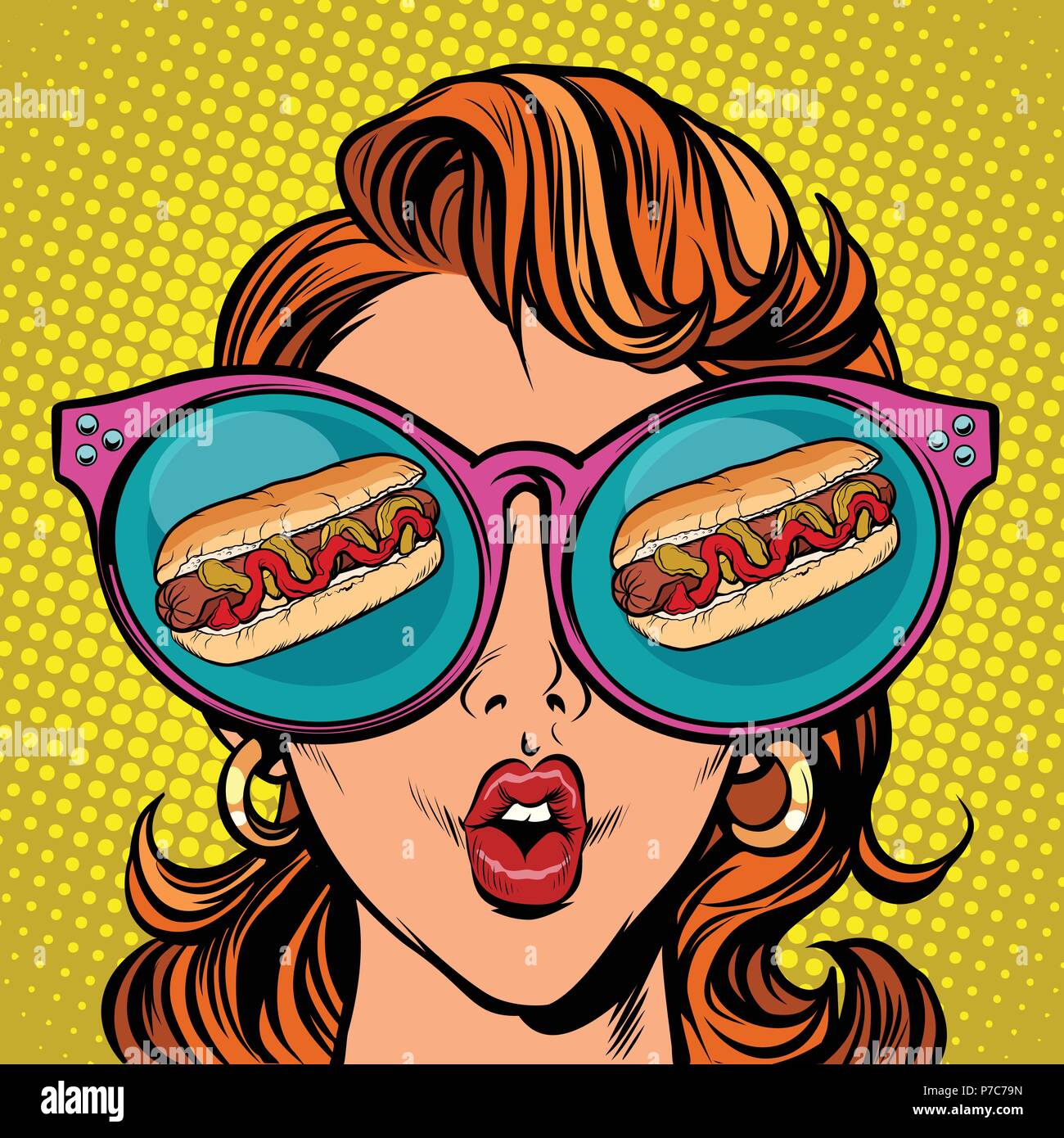 hot dog sausage ketchup mustard. Woman reflection in glasses Stock Vector