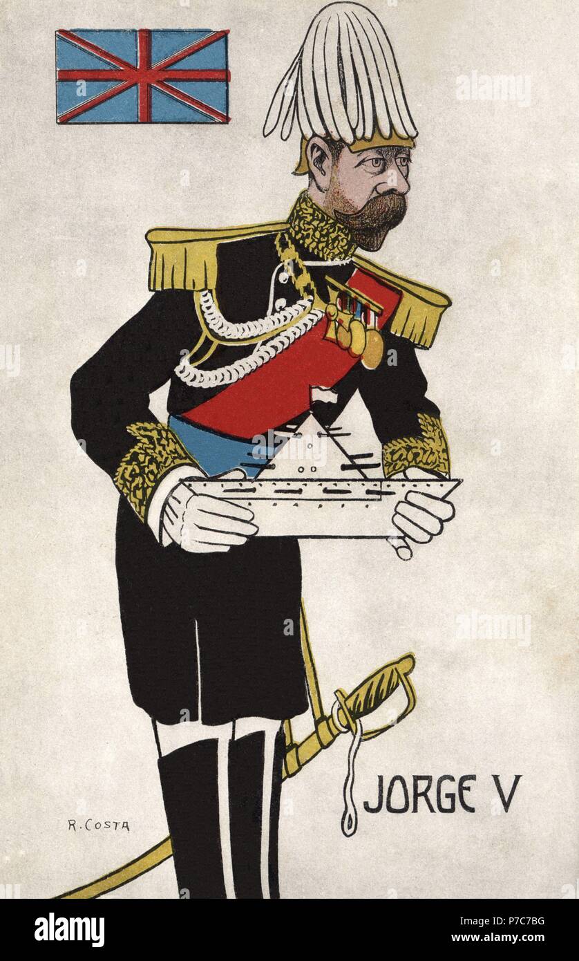 Jorge V de Inglaterra (1865-1936), rey del Reino Unido y la Mancomunidad británica. Caricatura. Tarjeta postal, año 1914. Stock Photo
