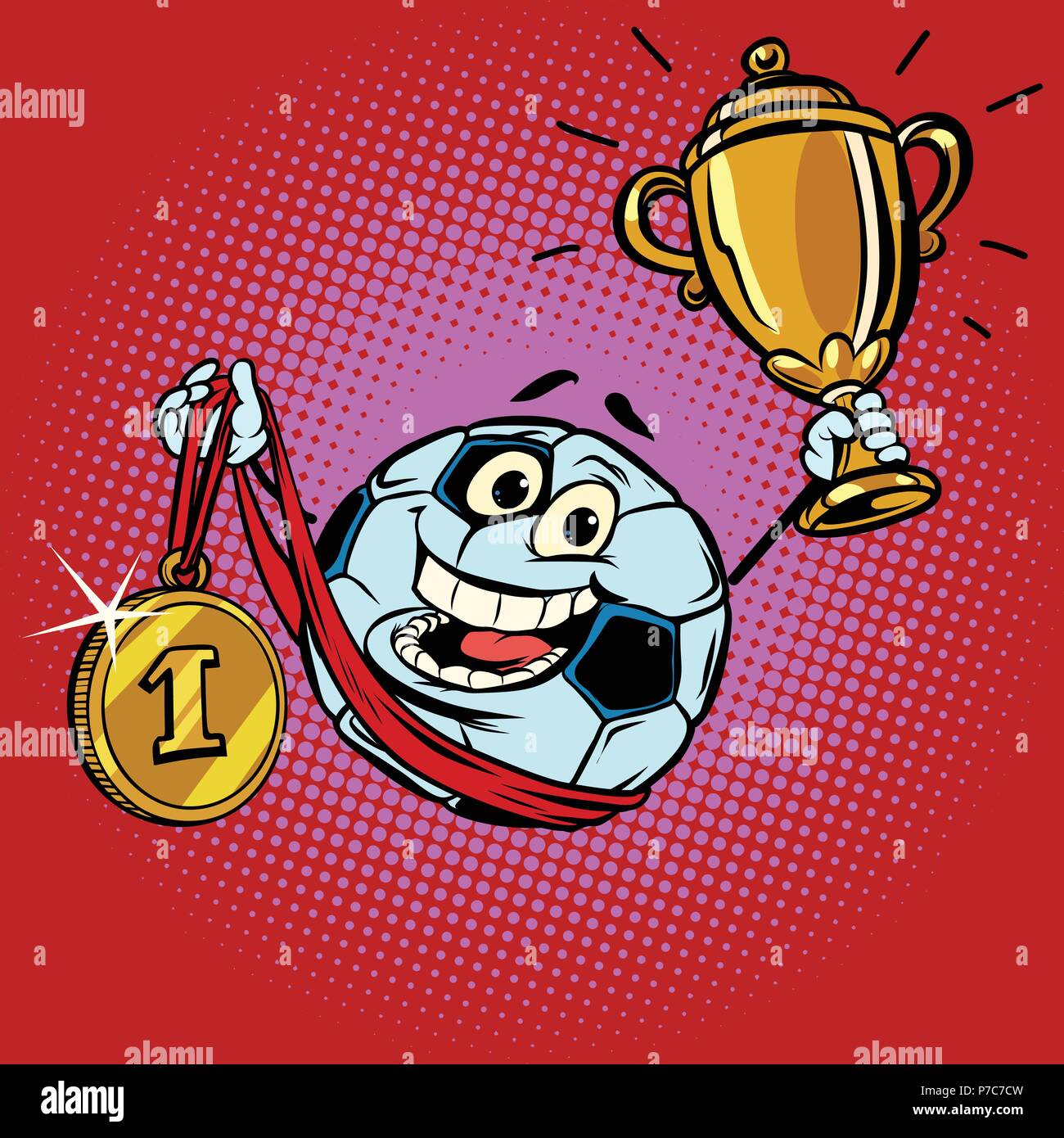Winner champion Cup first place gold medal. Character soccer bal Stock Vector