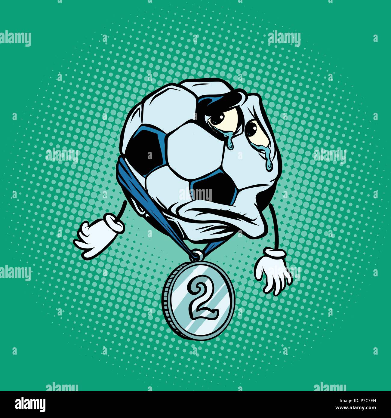 Failure second place silver medal. Character soccer ball footbal Stock Vector