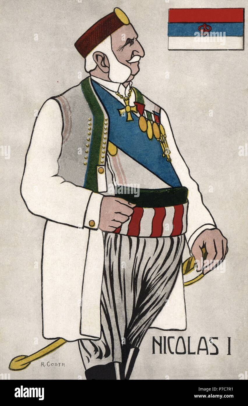 Nicolás I Mirkov Petrovic-Njegos (1841-1921), rey de Montenegro. Caricatura. Tarjeta postal, año 1914. Stock Photo