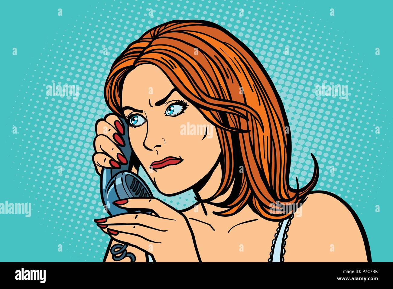 serious Woman talking on the phone. Emotions. Stock Vector