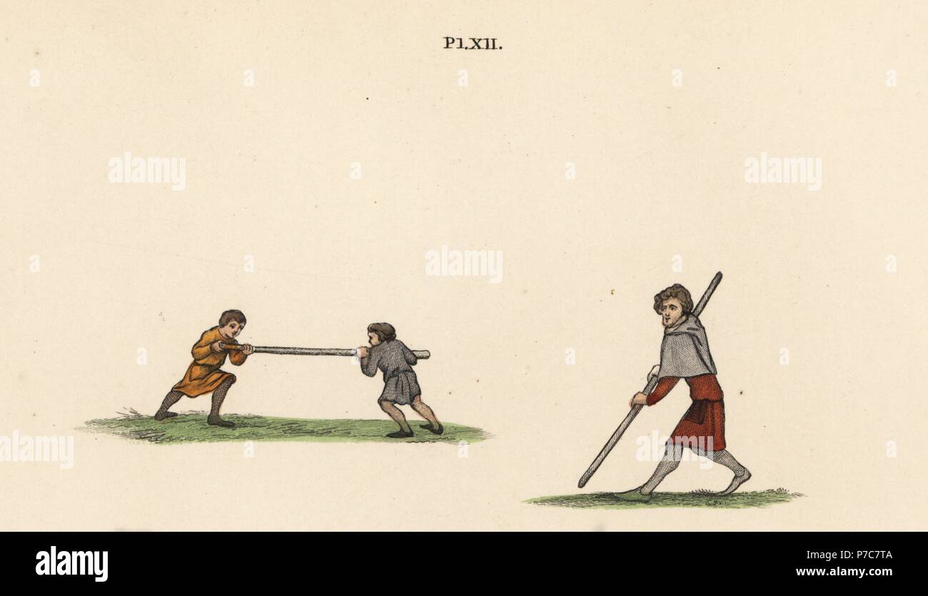 Tilting game, 14th century. Two men wrestling for possession of a pole, and the winner with pole. Handcoloured lithograph by Joseph Strutt from his own Sports and Pastimes of the People of England, Chatto and Windus, London, 1876. Stock Photo