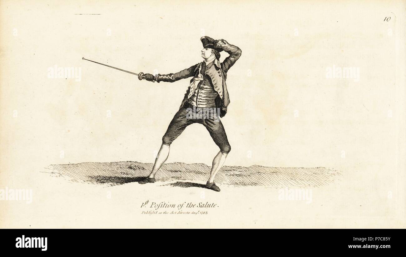 Gentleman fencer in the first position of the Salute. Copperplate