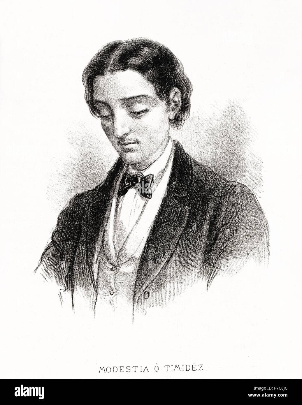 Carácteres del individuo. Hombre modesto o tímido. Grabado de 1870. Stock Photo