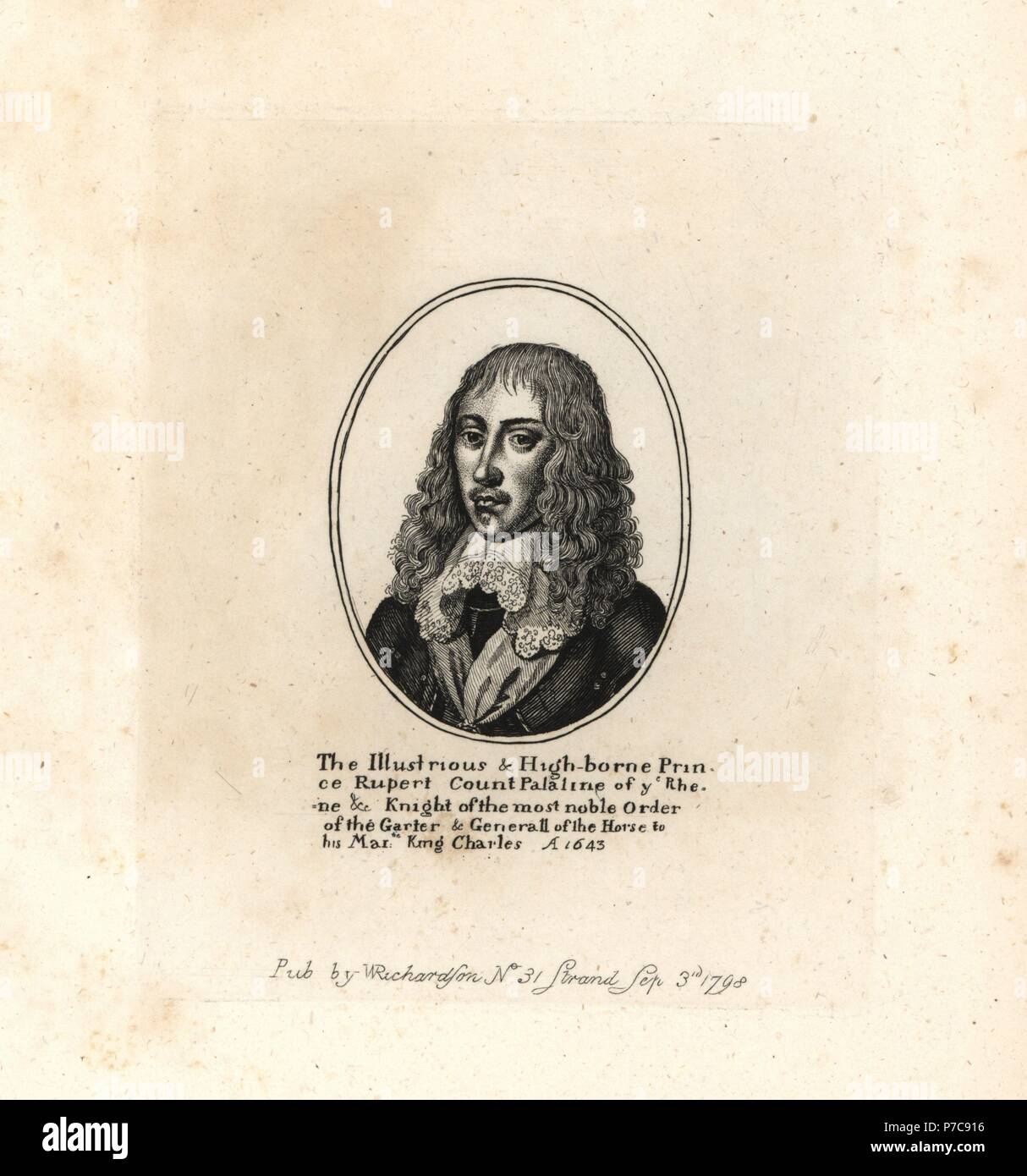Prince Rupert, Count Palatine of the Rhine, General of the Horse to King Charles I, 1643. Copperplate engraving from William Richardson's Portraits Illustrating Granger's Biographical History of England, London, 1792–1812. James Granger (1723–1776) was an English clergyman, biographer, and print collector. Stock Photo