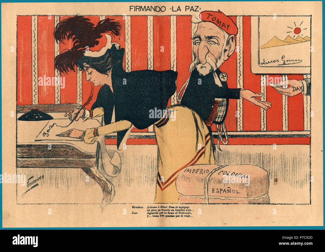 Dibujo satírico sobre el final del imperio colonial español, publicado en la revista Acabóse, Noviembre de 1898. Stock Photo