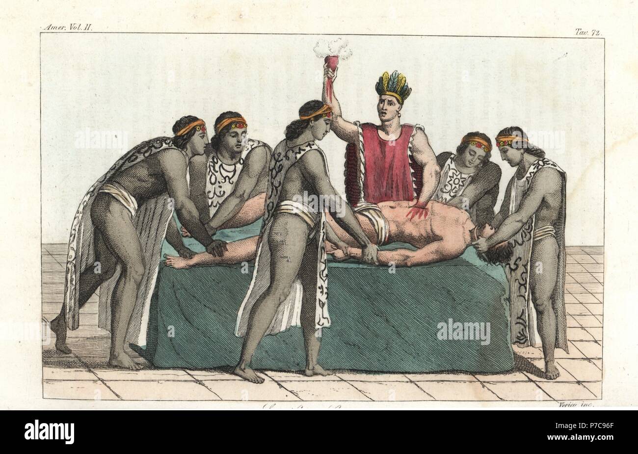 An Aztec priest removes a man's heart in a ritual with an obsidian knife on a sacrificial stone and offers it to the god Huitzilopochtli. Several young acolytes hold down the victim. Handcoloured copperplate engraving by Verico from Giulio Ferrario's Ancient and Modern Costumes of all the Peoples of the World, Florence, Italy, 1843. Stock Photo