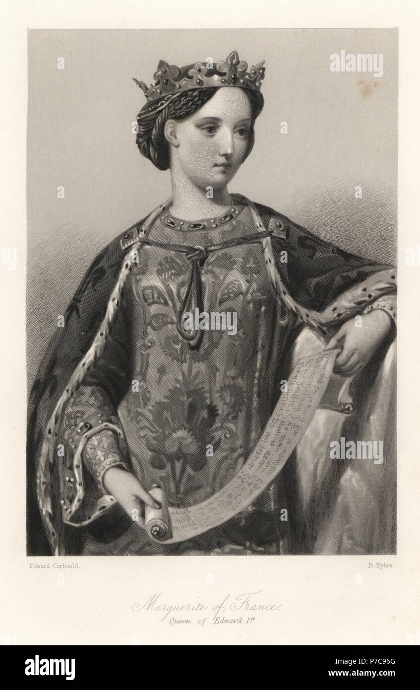 Marguerite of France, queen of King Edward I of England, holding a scroll. Steel engraving by B. Eyles after a portrait by Edward Corbould from Mary Howitt's Biographical Sketches of The Queens of England, Virtue, London, 1868. Stock Photo