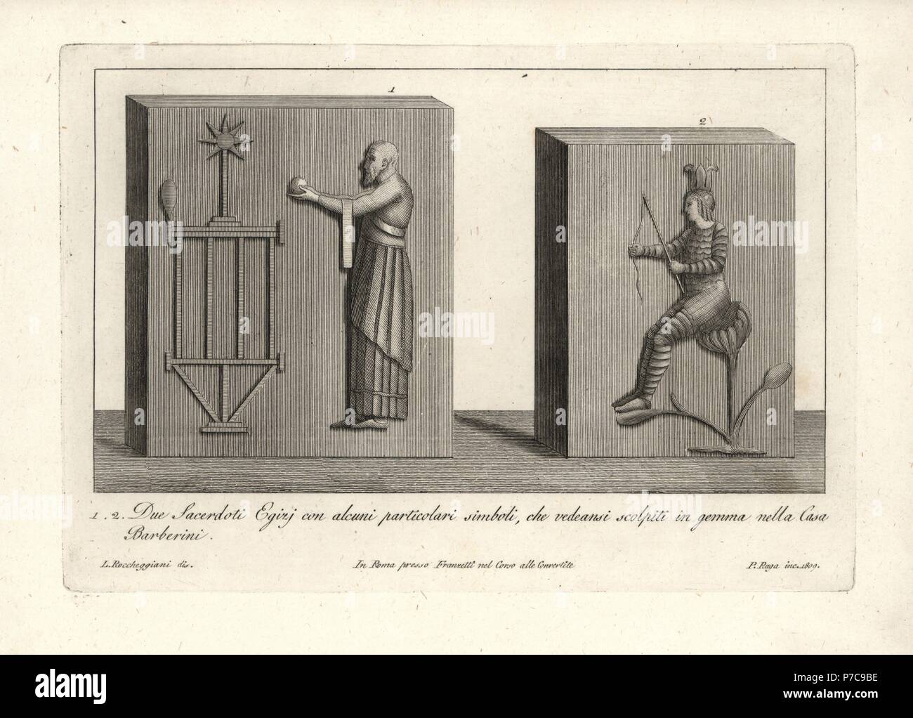 Two Egyptian priests with special symbols from carved gems in the Casa Barberini. Copperplate engraving by Pietro Ruga after an illustration by Lorenzo Rocceggiani from his own 100 Plates of Costumes Religious, Civil and Military of the Ancient Egyptians, Etruscans, Greeks and Romans, Franzetti, Rome, 1802. Stock Photo