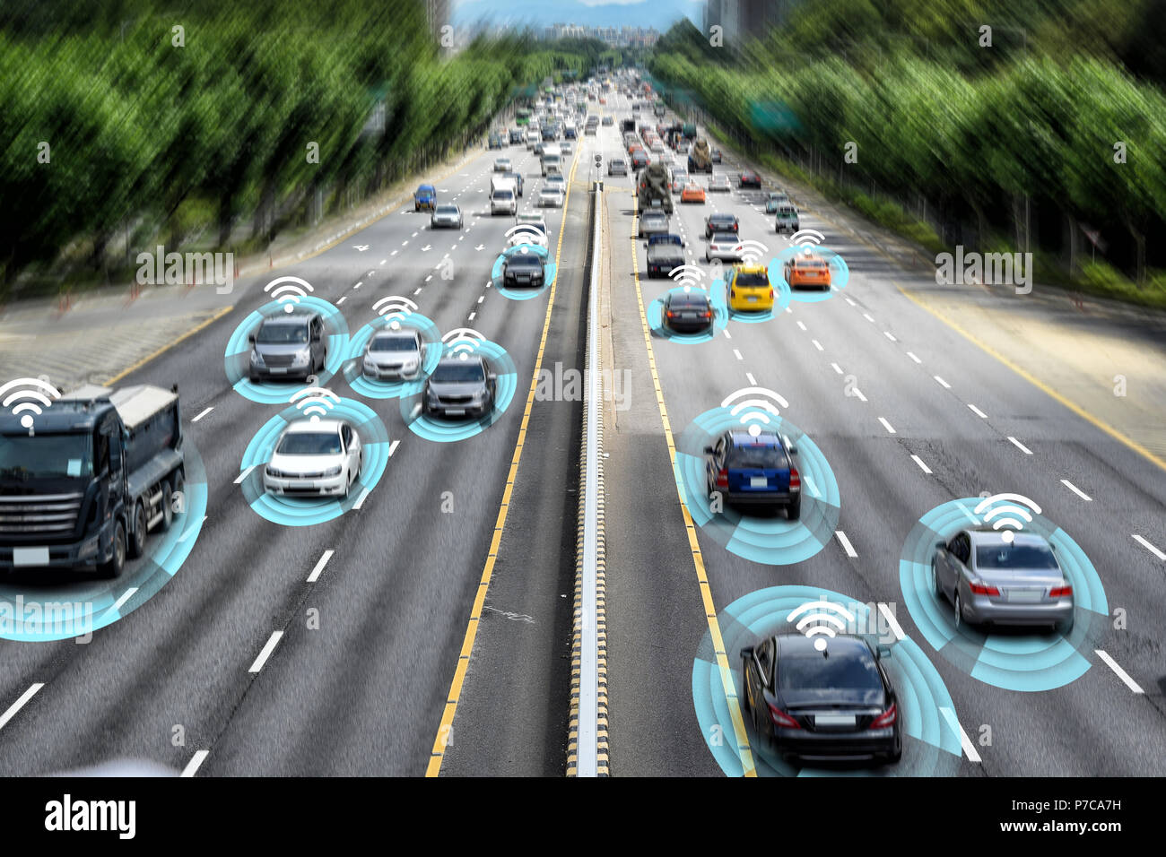 Smart car (HUD) , Autonomous self-driving mode vehicle on metro city road iot concept. Stock Photo
