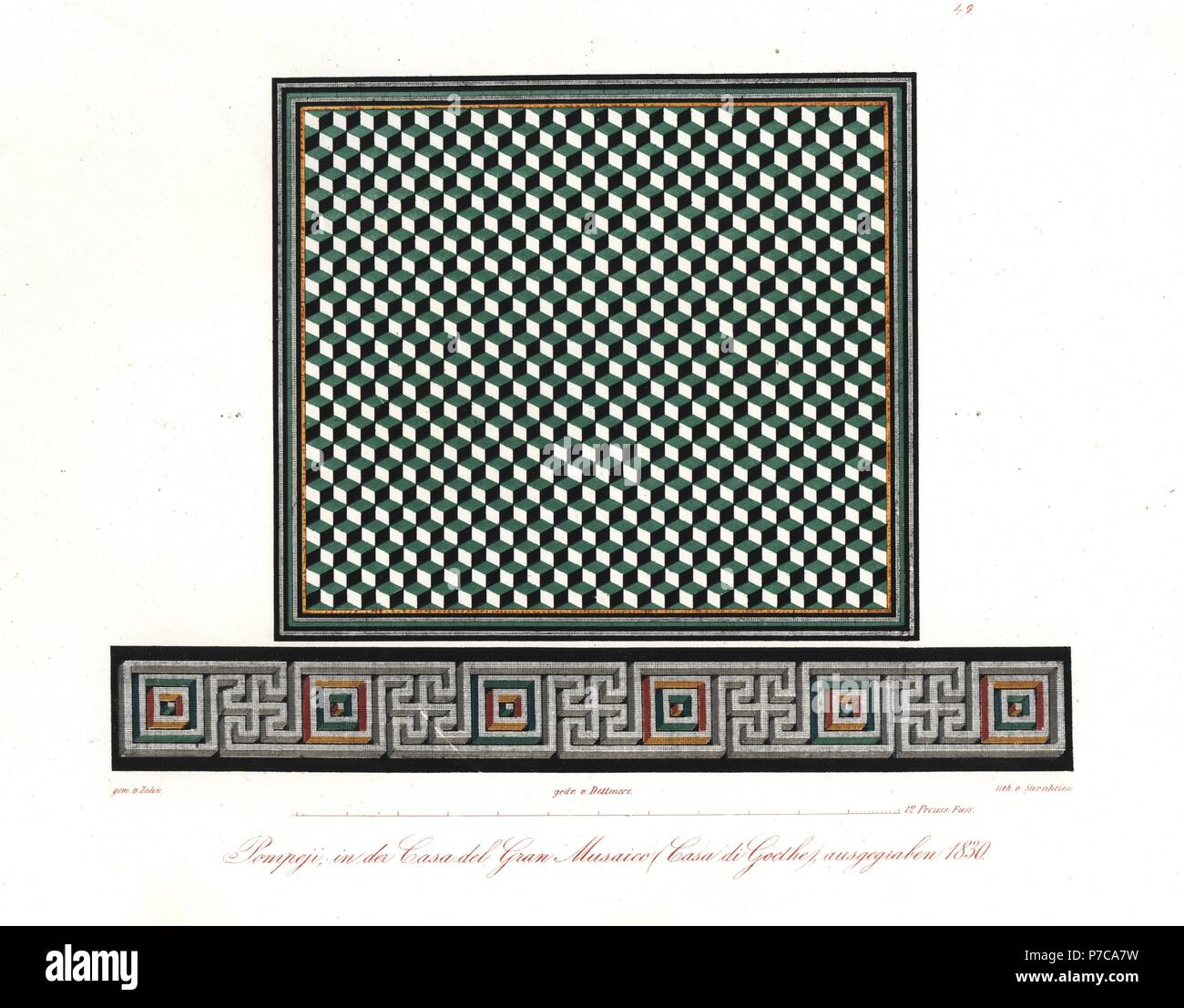 Mosaics from the House of the Faun, Casa del Fauno, Pompeii, excavated 1830. Also known as the house of the Alexander mosaic or the Casa di Goethe. Handcoloured lithograph by Sternheim after an illustration by Wilhelm Zahn from his Ornament of All Classical Art Eras, Ornamente aller klassischen Kunst-Epochen, Reimer, Berlin, 1834. Stock Photo