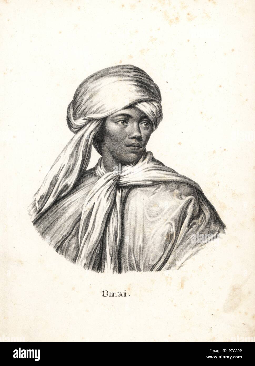 Mai or Omai, young Ra'iatean man, Society Islands, in turban and cape. The second Pacific Islander to visit Europe after Ahu-toru. Lithograph by Karl Joseph Brodtmann from Heinrich Rudolf Schinz's Illustrated Natural History of Men and Animals, 1836. Stock Photo