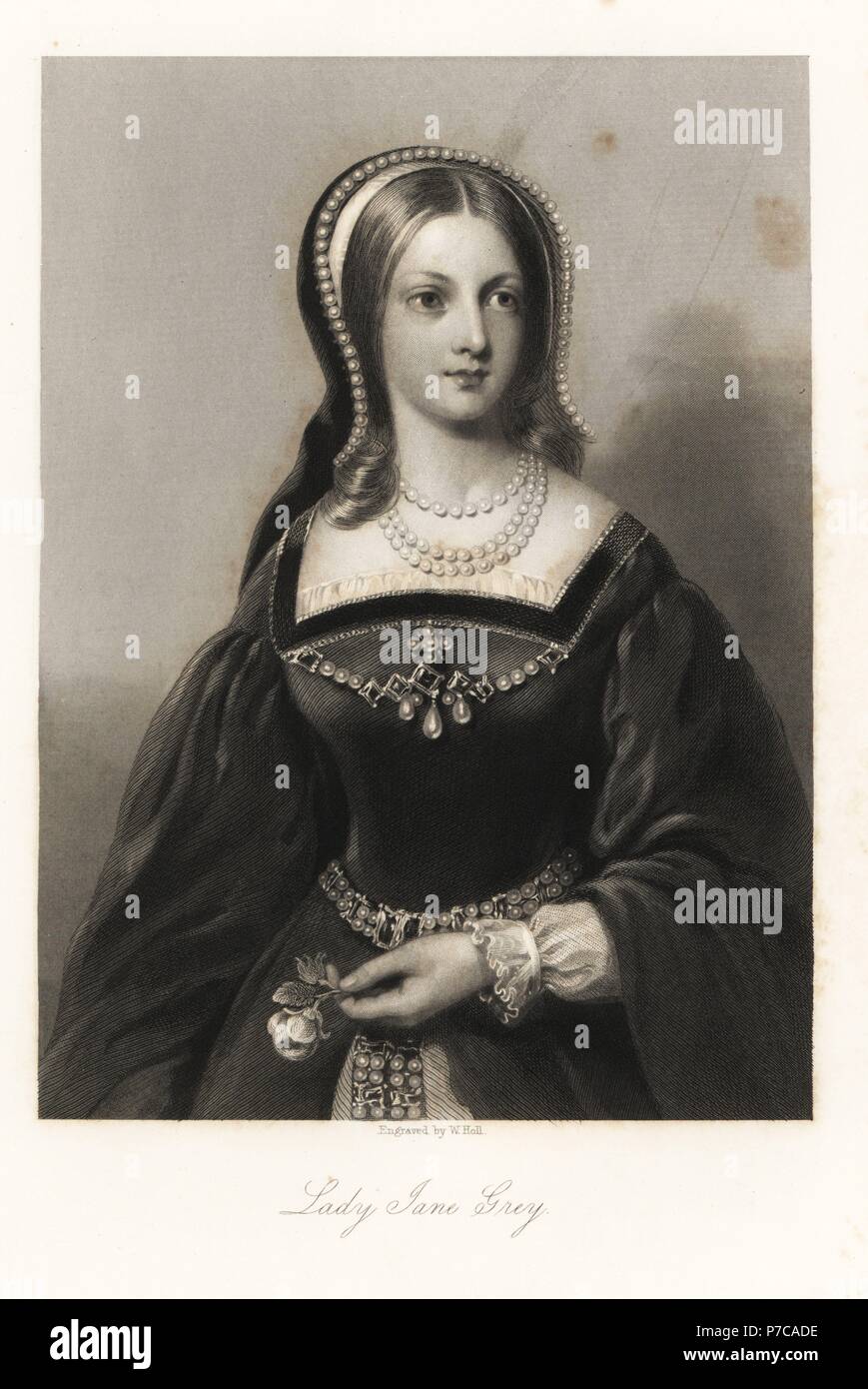 Lady Jane Grey, the Nine Days Queen of England. Steel engraving by William Holl from Mary Howitt's Biographical Sketches of The Queens of England, Virtue, London, 1868. Stock Photo