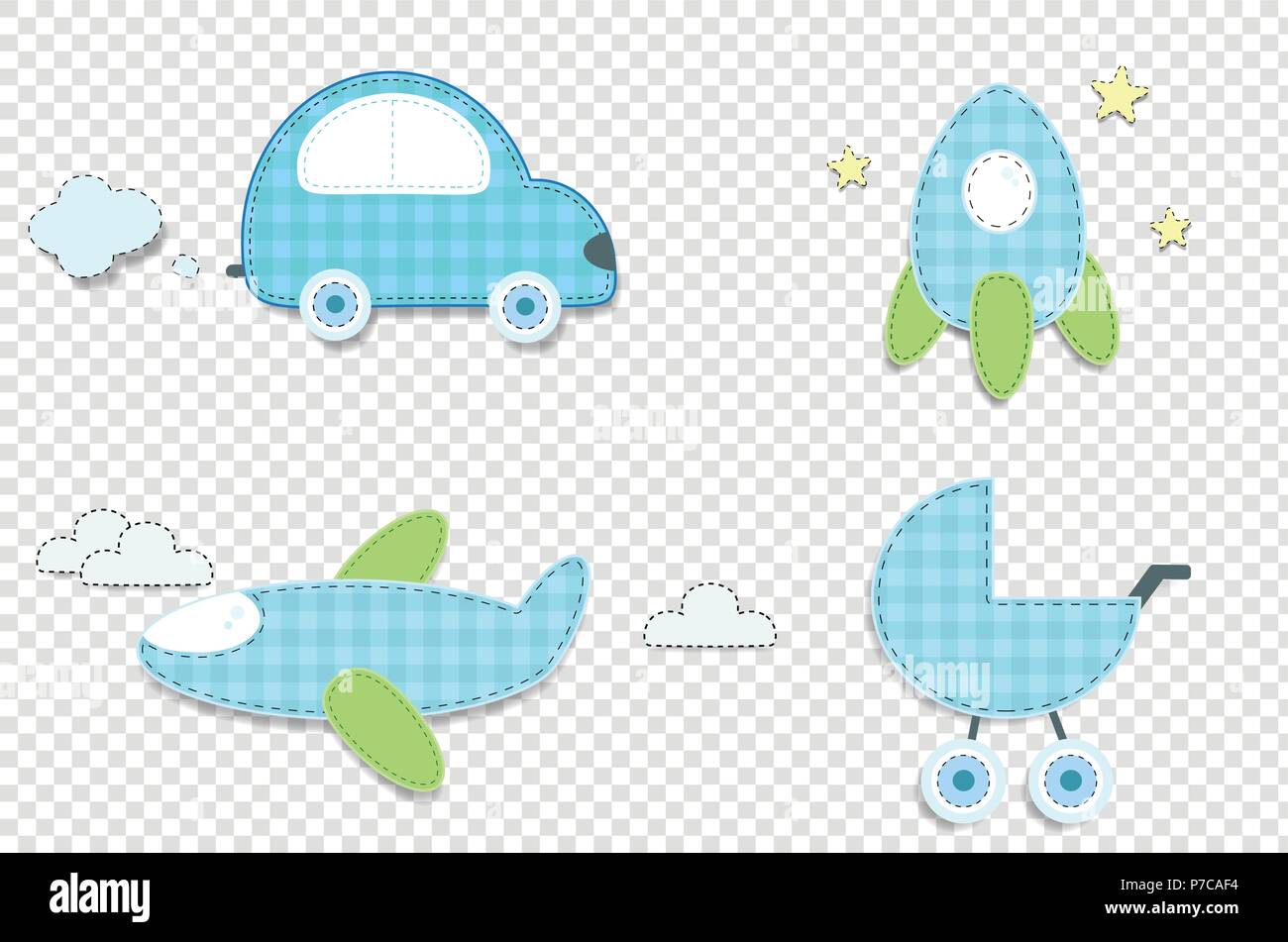 Vector set of cute baby boy elements for scrapbook or baby shower greeting card and kids design. Cut out fabric or paper chequered blue stickers as ca Stock Vector