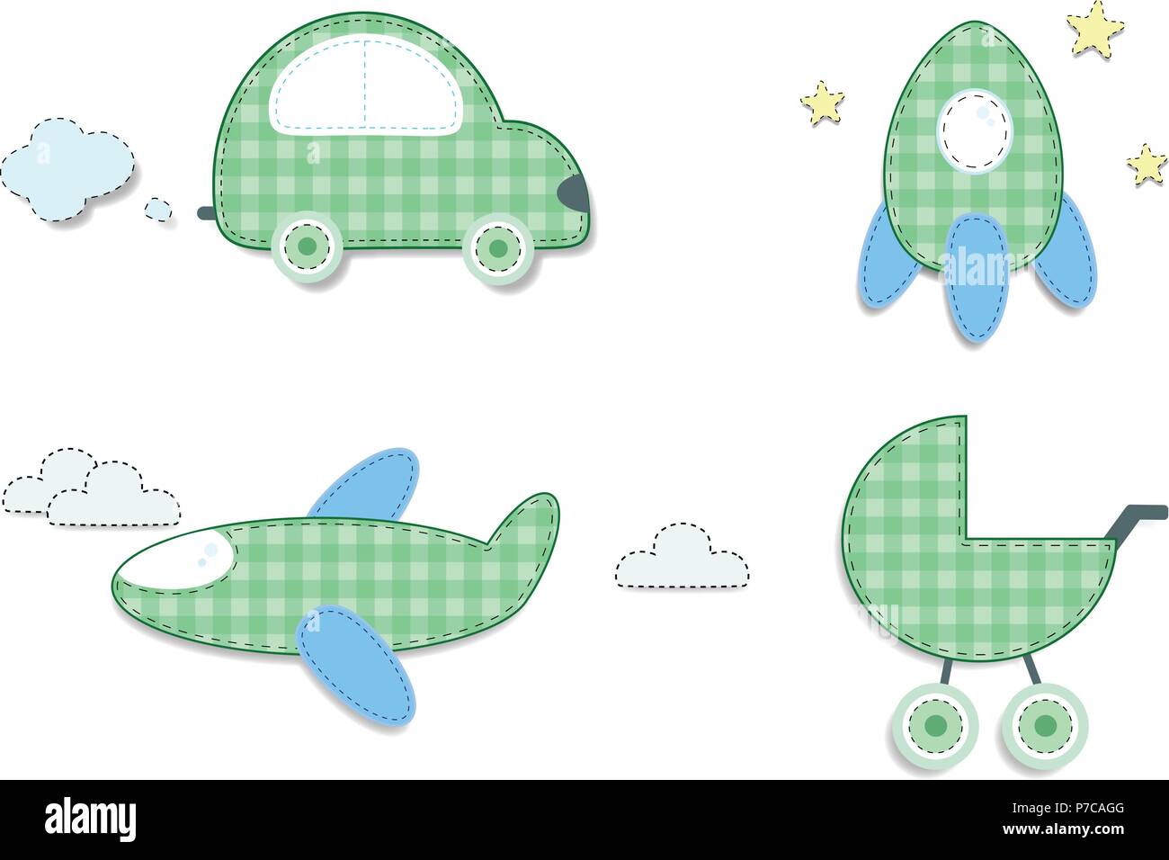 Vector set of cute baby elements for scrapbook or baby shower greeting card and kids design. Cut out fabric or paper checkered green stickers as car,  Stock Vector