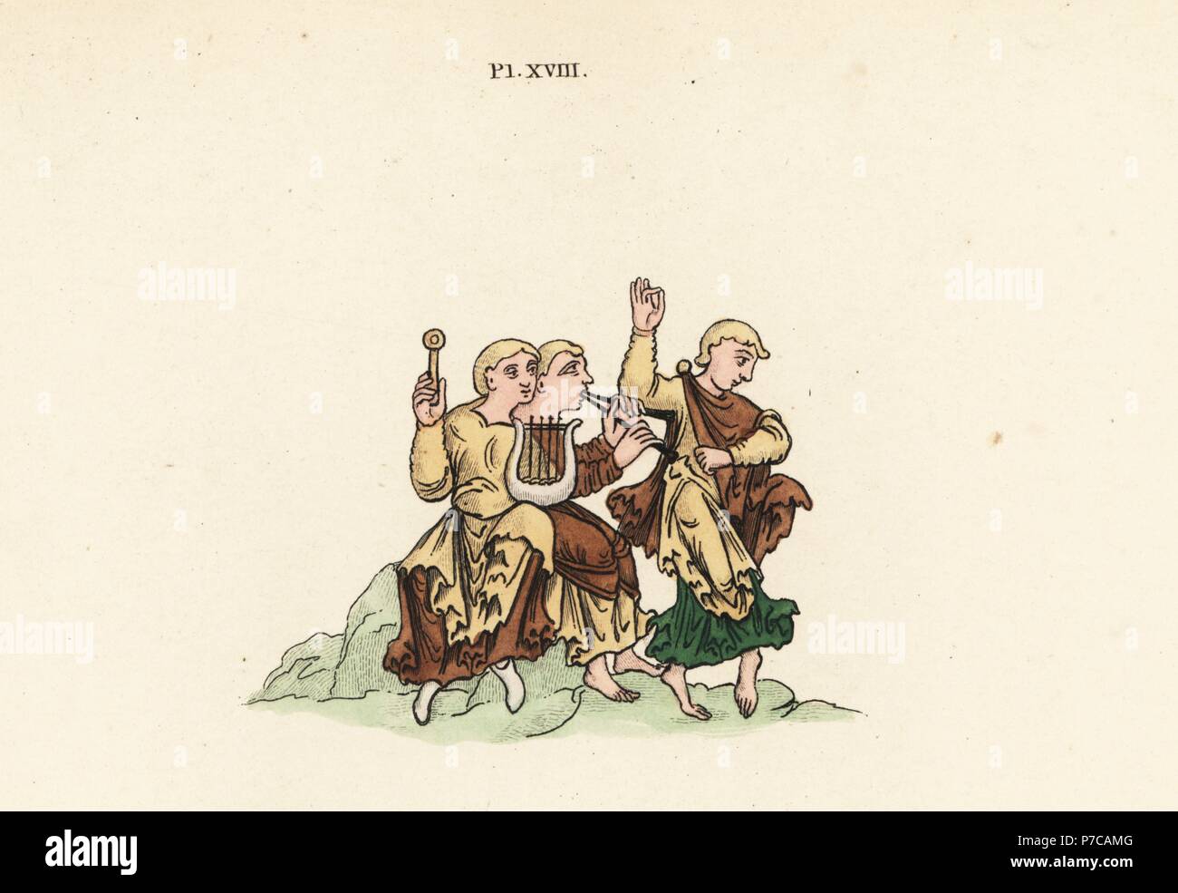Gleemen dancing to lyre and pipe music, 9th century. Handcoloured lithograph by Joseph Strutt from his own Sports and Pastimes of the People of England, Chatto and Windus, London, 1876. Stock Photo