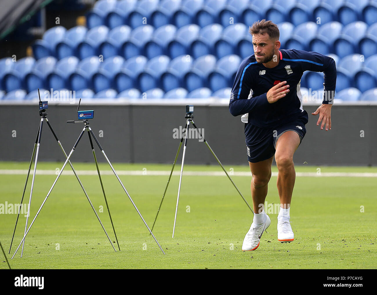Englands Alex Hales runs past speed timing sensors during a nets session at The SSE SWALEC, Cardiff. Stock Photo